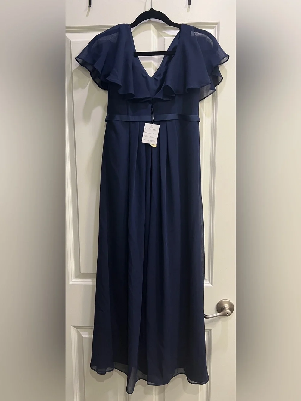 David's Bridal Navy Chiffon Flutter-Sleeve Formal Dress - Picture 3 of 5